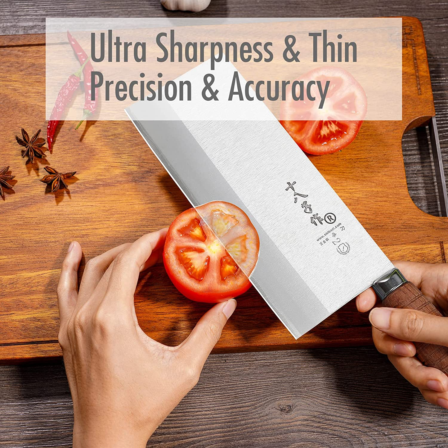 SHI BA ZI ZUO 8-Inch Kitchen Knife Professional Chef Knife Stainless Steel Vegetable Knife Safe Non-Stick Coating Blade with Anti-Slip Wooden Handle image number 1