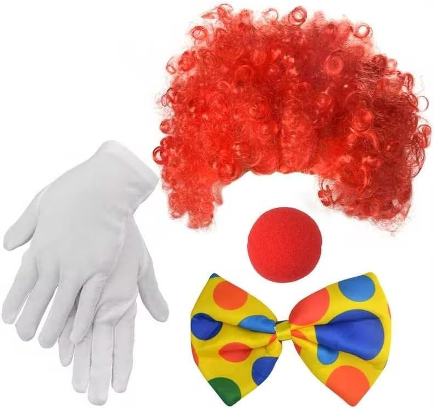 Clown Costume Set Nose Bow Tie White Gloves Rainbow Wig Accessories for Clown Parties Pretend Play Carnivals Women Men Adults image number 3