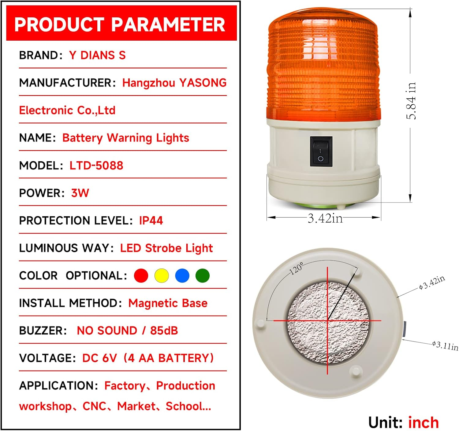 Y DIANS S Led Strobe Lights Magnetic Battery Amber Flashing Beacon Light with No Sound Emergency Lights for Vehicles Trucks Car Forklift LTD-5088 image number 1