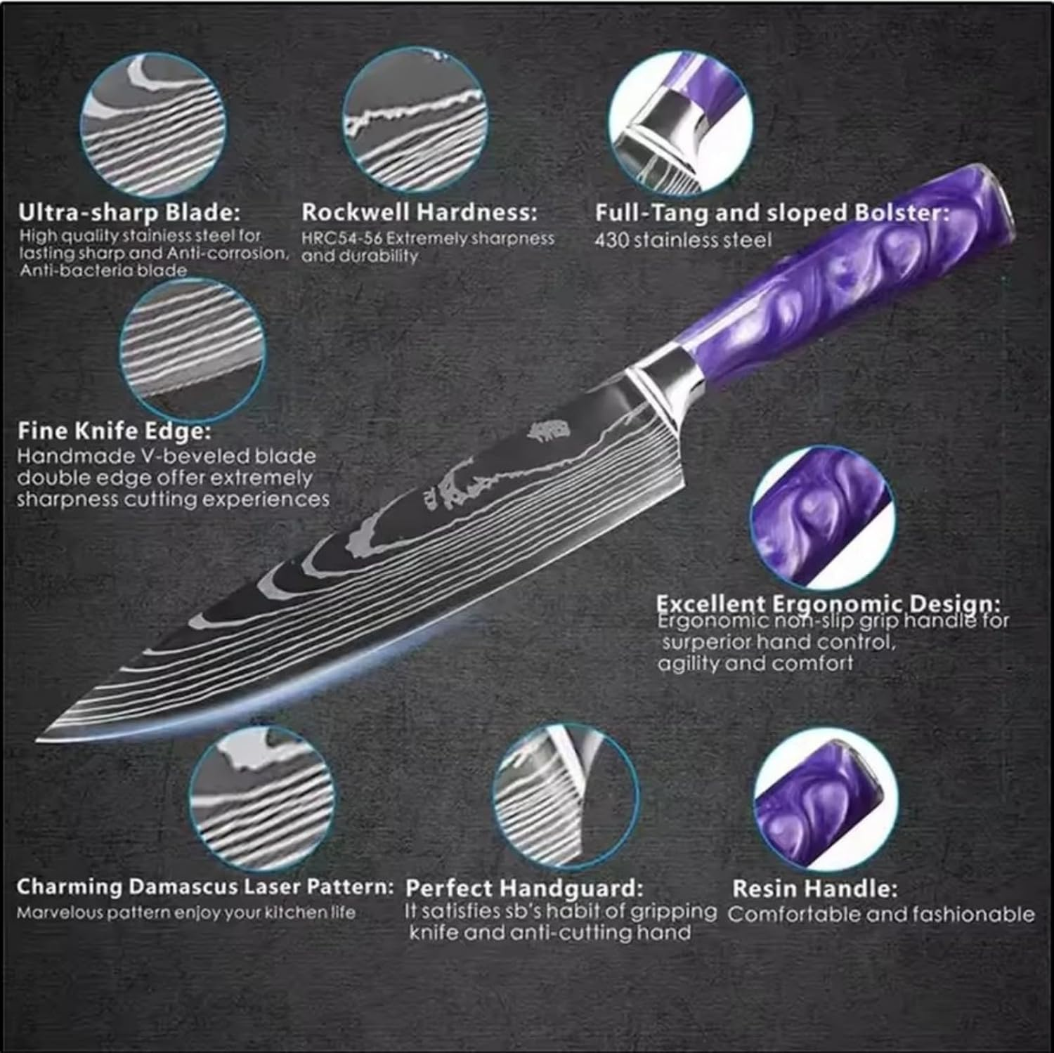 WILLKOMMEN Professional Chef&rsquo;S Knife 8 Inch, High Carbon Stainless Steel Kitchen Knife, Ultra Sharp Cooking Knife Blade Thickness 2.5 Mm, Laser-Engraved Pattern, Resin Handle (Grape Purple) image number 6