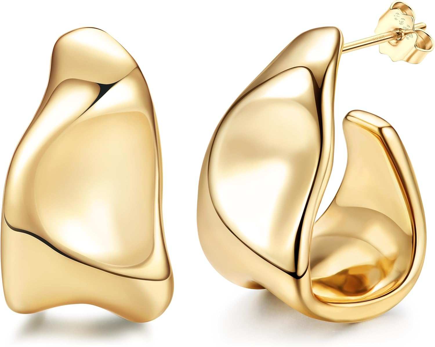 Sanfenly Chunky Gold Earrings for Women - 925 Sterling Silver Hoops, 14K Gold Plated Studs, Hypoallergenic Open Huggie Teardrops, Statement Studs, Metallic Gold Silver Hoops