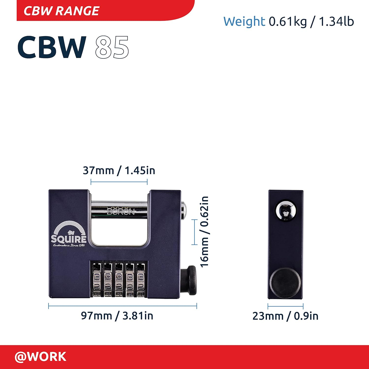 Squire Heavy Duty Padlock (CBW85) - 5 Wheel Combination - Alloy Steel for Corrosion Resistance - Ideal for Gates, Garages and Large Sheds (Blue, 85 Mm) image number 3