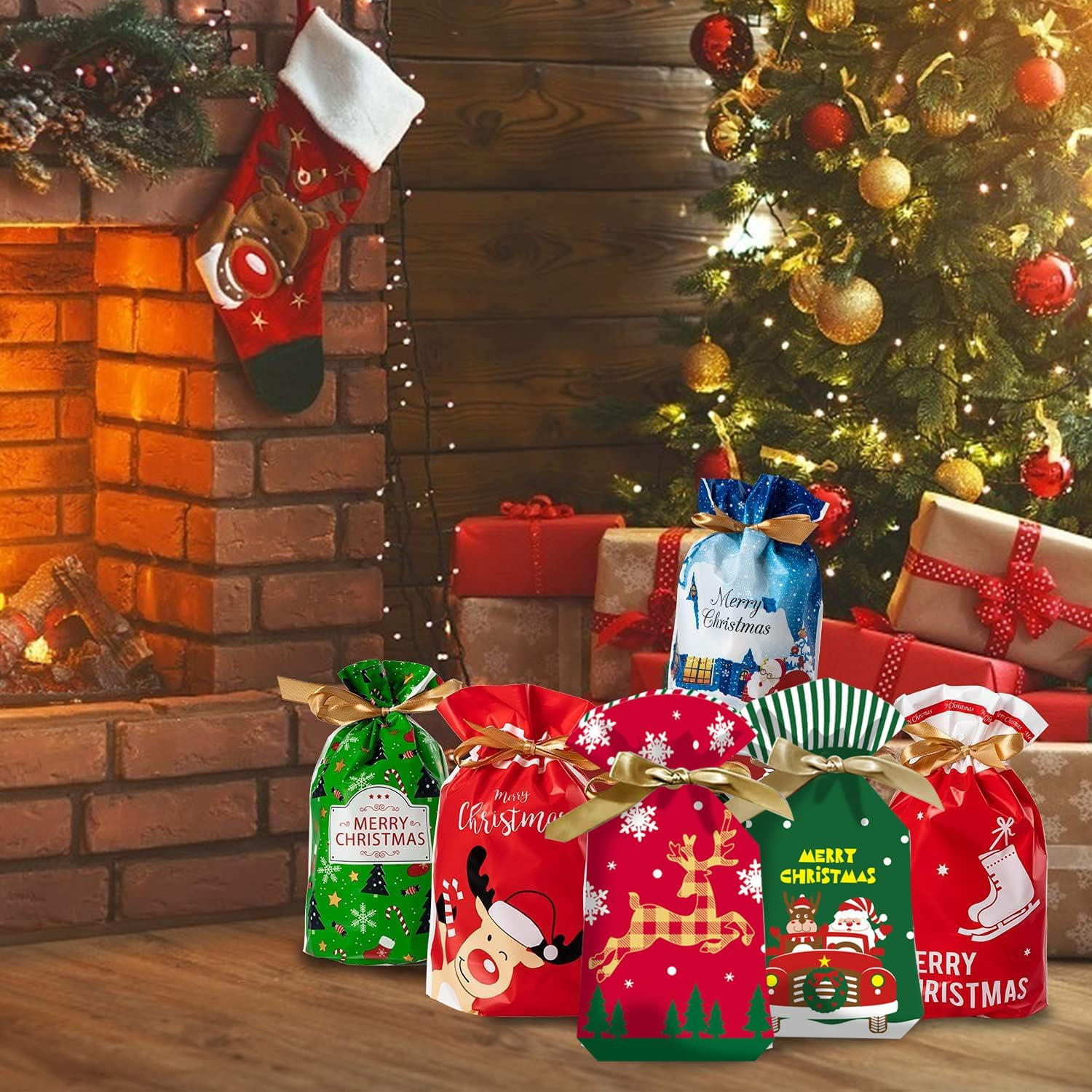 Christmas Candy Treat Bags, Fyvadio 48 Pcs Goodies Plastic Drawstring Gift Bags, Christmas Bag, Pouch Candy Bag, Treat Bag, Goody Bags for Candy Wrapper Birthday Christmas Party Favor Supplies image number 3