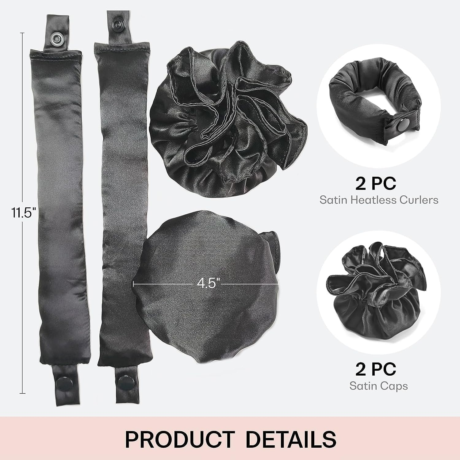 Satin Heatless Hair Curler 2Sets/4Pcs, Pillow Soft Rollers with Hair Caps, Soft Heatless Curling Rod Headband for All Hair Types, Hair Curlers to Sleep in (Black) - Black image number 2