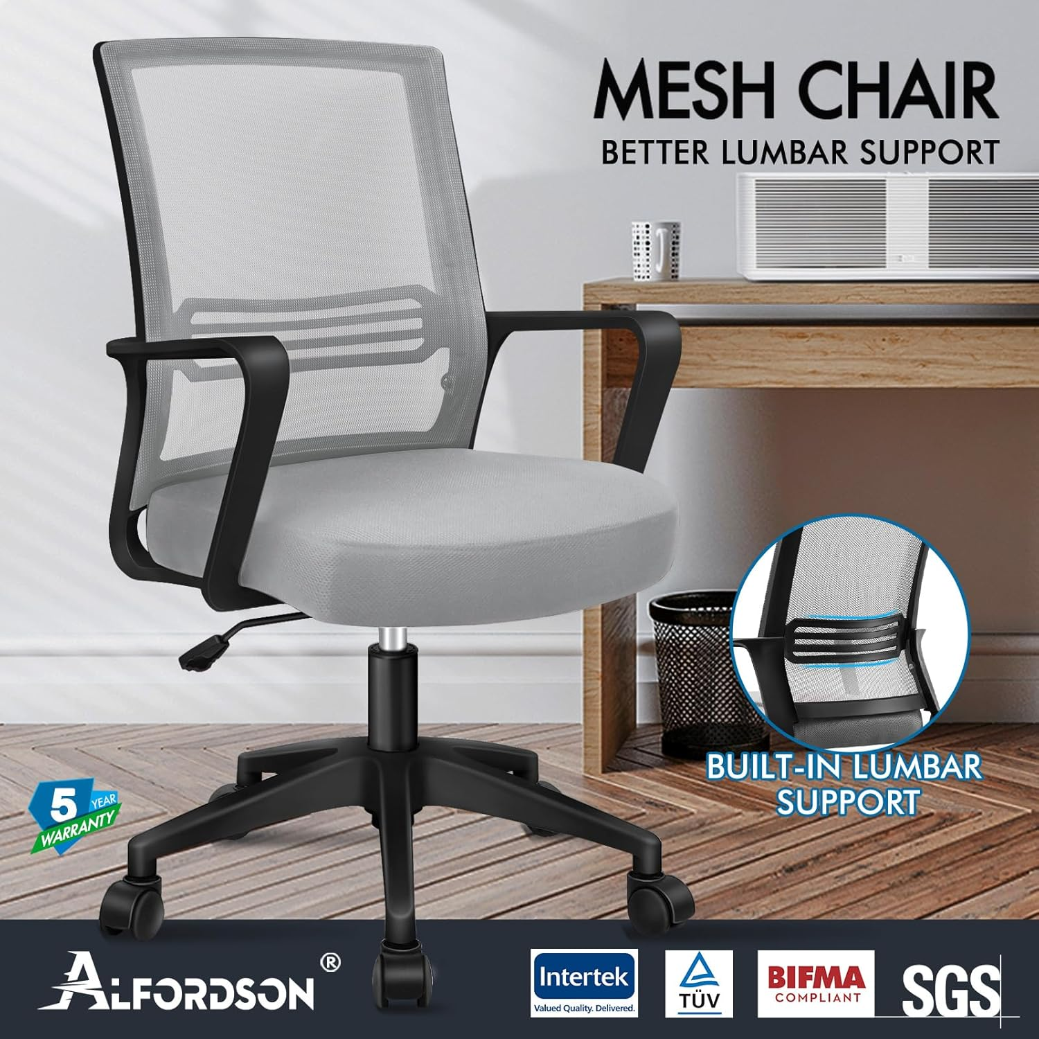 ALFORDSON Mesh Office Chair with Sgs-Approved Gas-Lift, Mid Back Executive Computer Desk Chair, Fabric Seat Gaming Racing Chair, Max 180Kg Loading(Fina Black Grey) image number 2