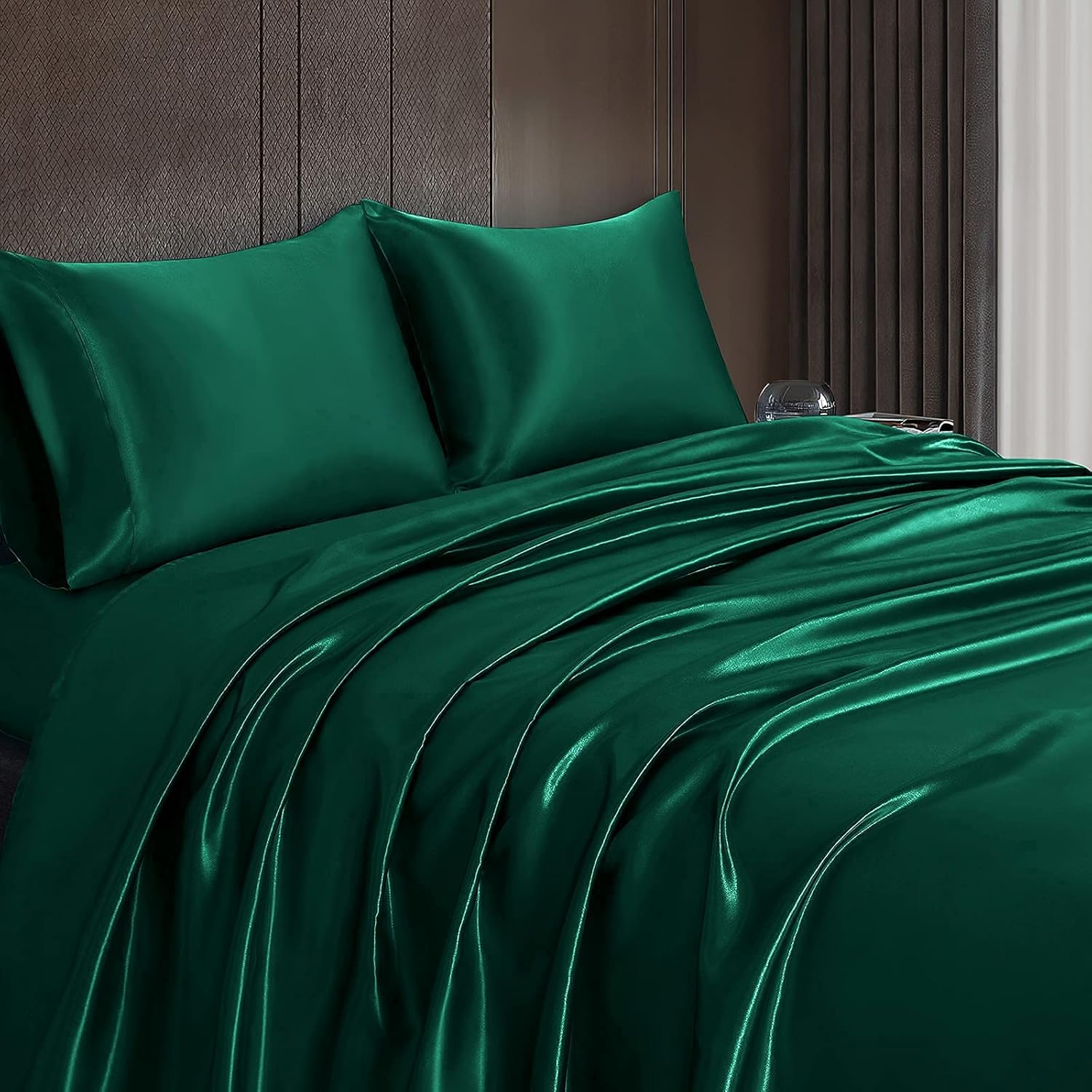 Homiest 4Pcs Satin Sheets Set Luxury Silky Satin Bedding Set with Deep Pocket, 1 Fitted Sheet + 1 Flat Sheet + 2 Pillowcases (Queen Size, Blackish Green)