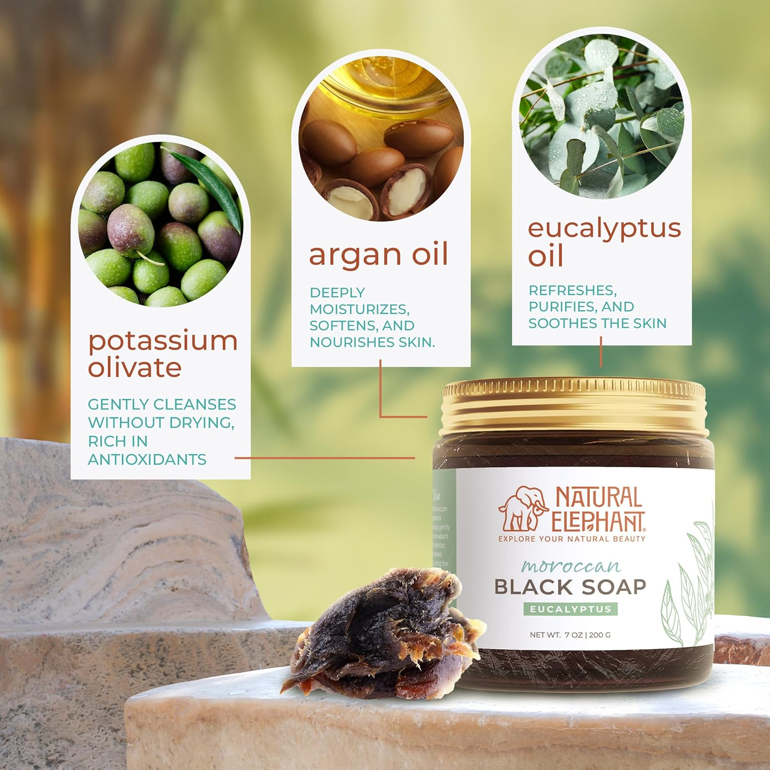 Natural Elephant Moroccan Black Soap with Eucalyptus Essential Oil 200G (210Ml) image number 1