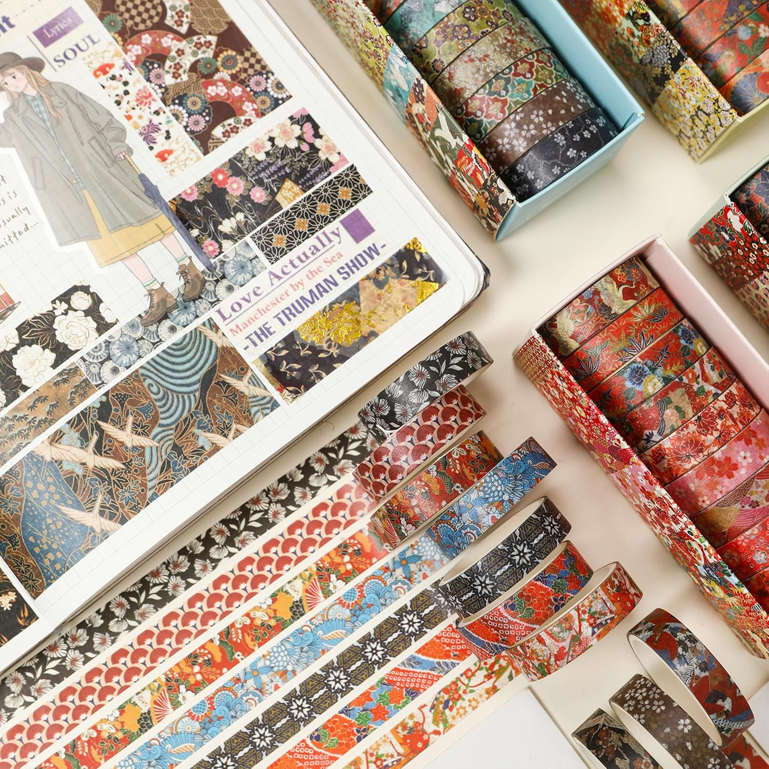 12 Rolls Ukiyo-E Style Washi Tape Set Japanese Kyoto Arts Adhesive Tapes Skinny Decorative Masking Tape Sets for Craft, Kids, Scrapbook, DIY, Gift Wrapping (Waves of Tradition) image number 1