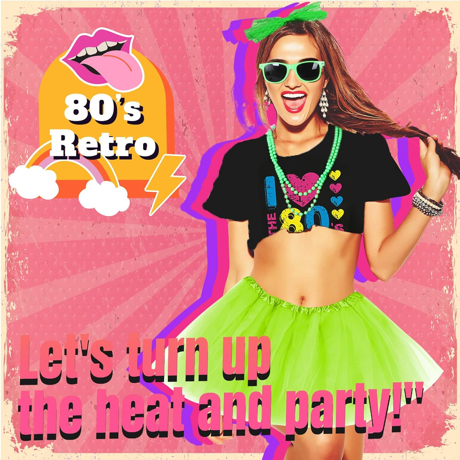 80S Fancy Dress for Women 80S Costume Accessories Set Lips Print T-Shirt Adult Tutu Skirt Lace Headband Neon Earrings Necklace Leg Warmers Fishnet Gloves Bracelet image number 3