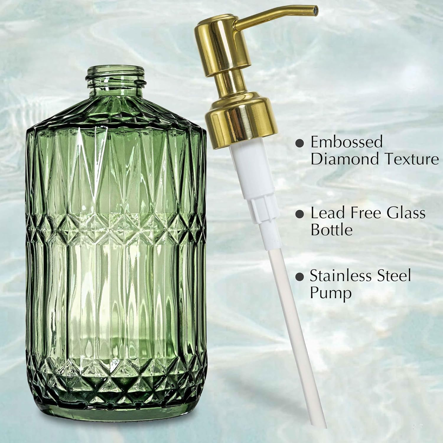 Glass Soap Dispenser 2-Pack (350ML Each) - Green with Gold Stainless Steel Pump, Refillable Kitchen & Bathroom Dispensers for Dish Soap, Hand Soap, Lotion Cottagecore Style image number 3
