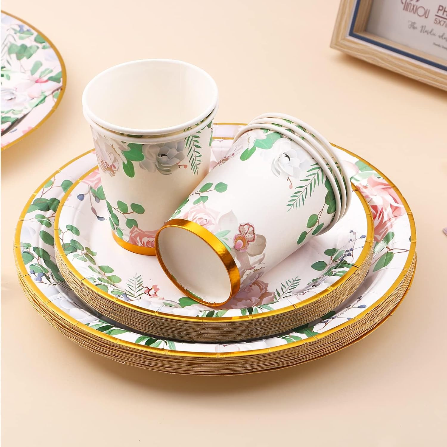 175 Pcs Floral Party Decorations - Bridal Shower Plates & Disposable Tableware Set for 25 Guests - Tea Party Themed Decorations, Paper Plates, Cups & Napkins for Baby Shower, Birthday, Wedding(Floral) image number 5