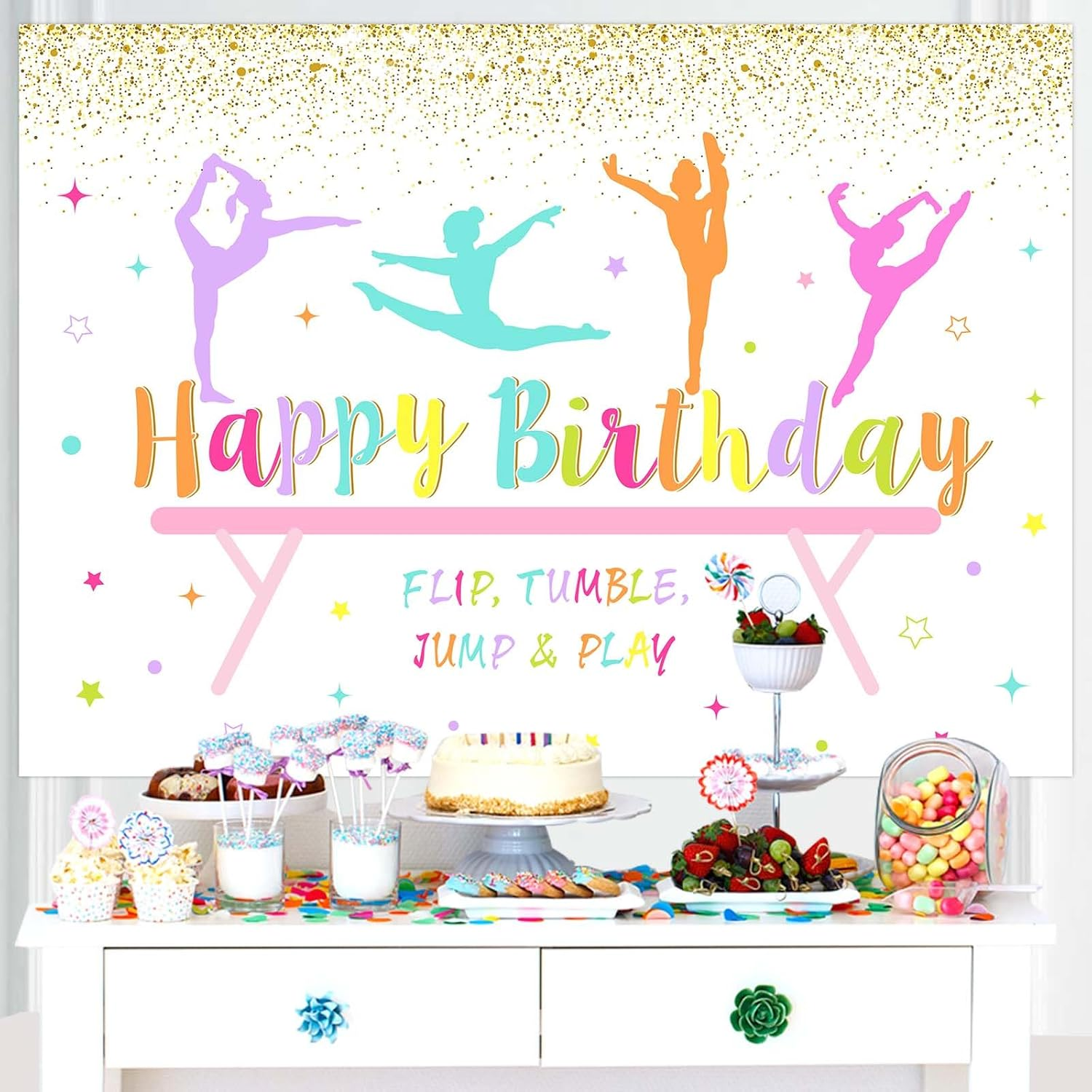 Wonmelody Gymnastics Birthday Party Decorations 7 * 5Ft Gymnastics Happy Birthday Backdrop for Girl Flip Tumble Jump and Play Backdrop Decorations for Rainbow Gym Theme 1St 2Nd 8Th Birthday Party image number 2