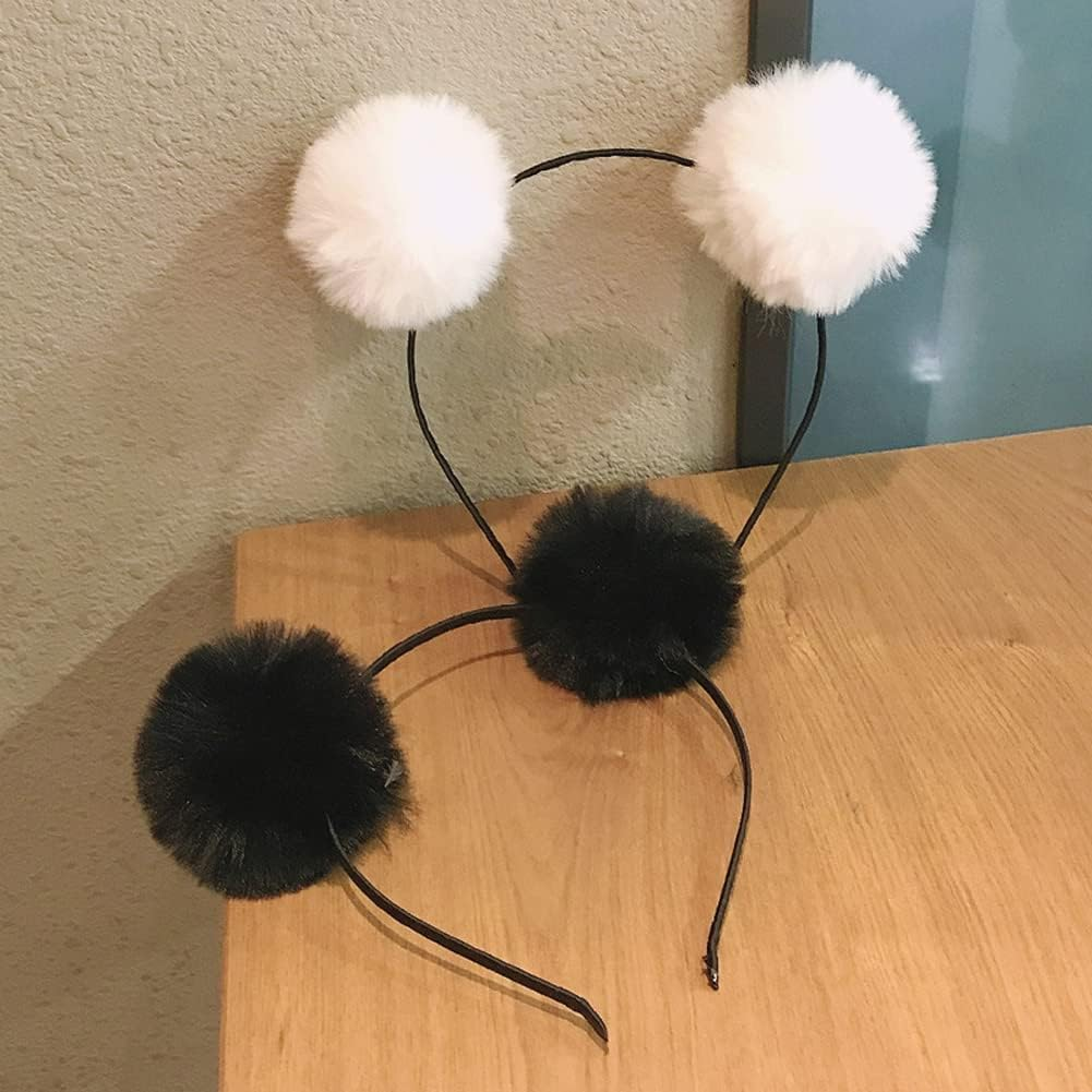 OHEETU 3 Pcs Panda Ears Headband Fluffy Pom Pom Hair Hoop Costume Party Head Wear Accessories for Halloween Christmas Birthday (Black+White+Pink) image number 3