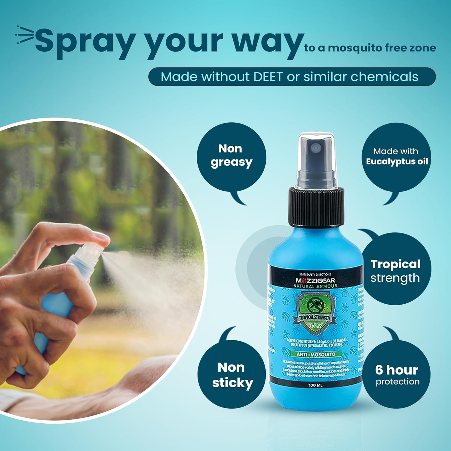 Mozzigear Natural Armour Mosquito Spray 100Ml - Long-Lasting Plant-Based Insect & Bug Spray - Suitable for Family, Kids & Babies - DEET & Chemicals Free - Made in Australia image number 1