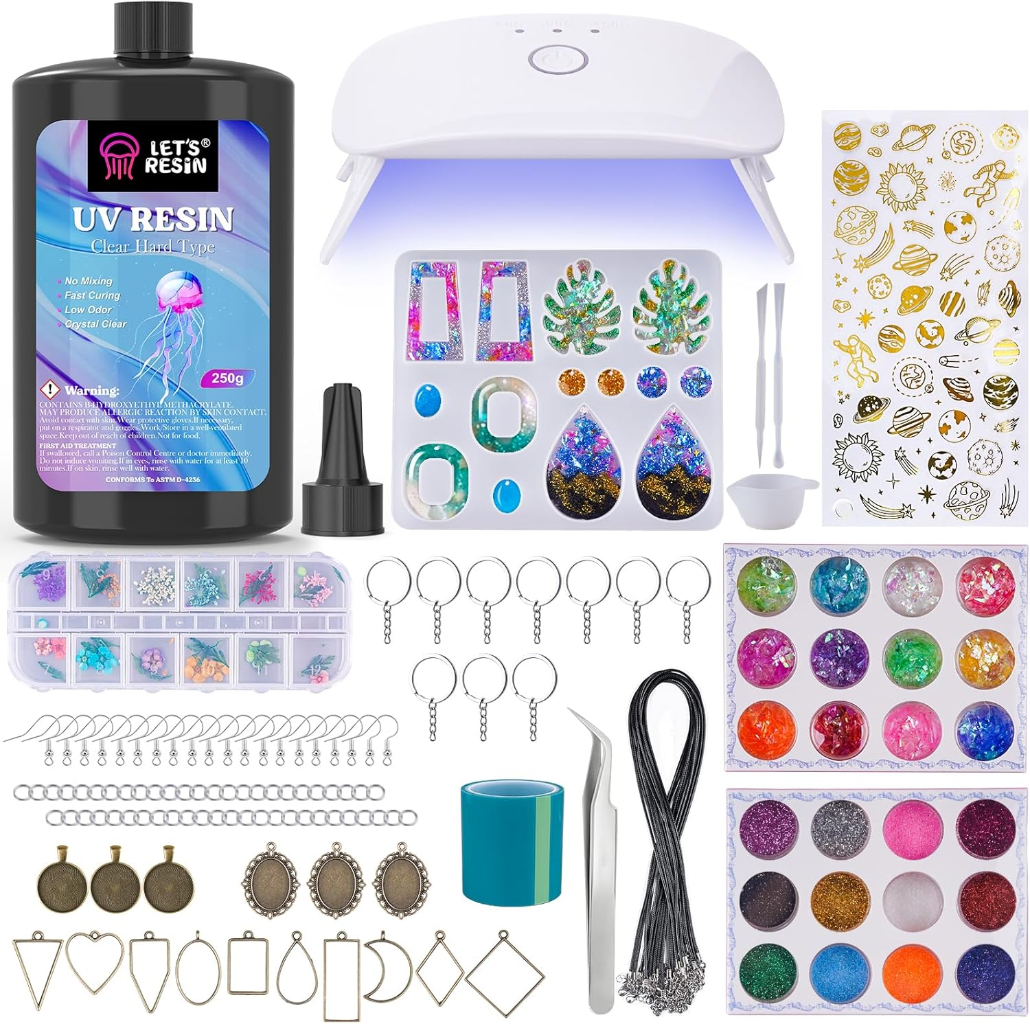 LET'S RESIN UV Resin Kit with Lamp, 153Pcs Resin Jewelry Making Kit with 250G Crystal Clear Low Odor UV Resin, UV Lamp, Resin Accessories, Epoxy Resin Starter Kit for Keychain, Jewelry, Home Decor image number 1