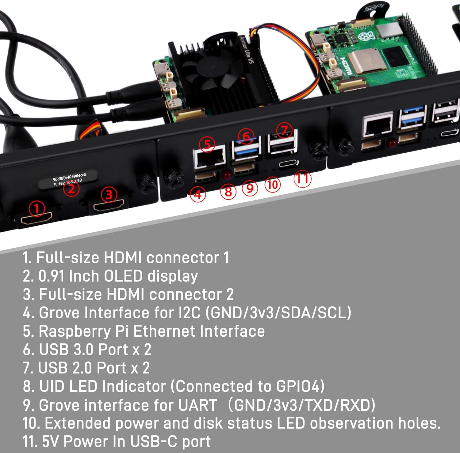 Geeekpi 1U Rack Mount for Raspberry Pi 5, with 4PCS Pcie to M.2 Nvme SSD Adapters and OLED Display, Compatible with 19 Inch Server Rack image number 5