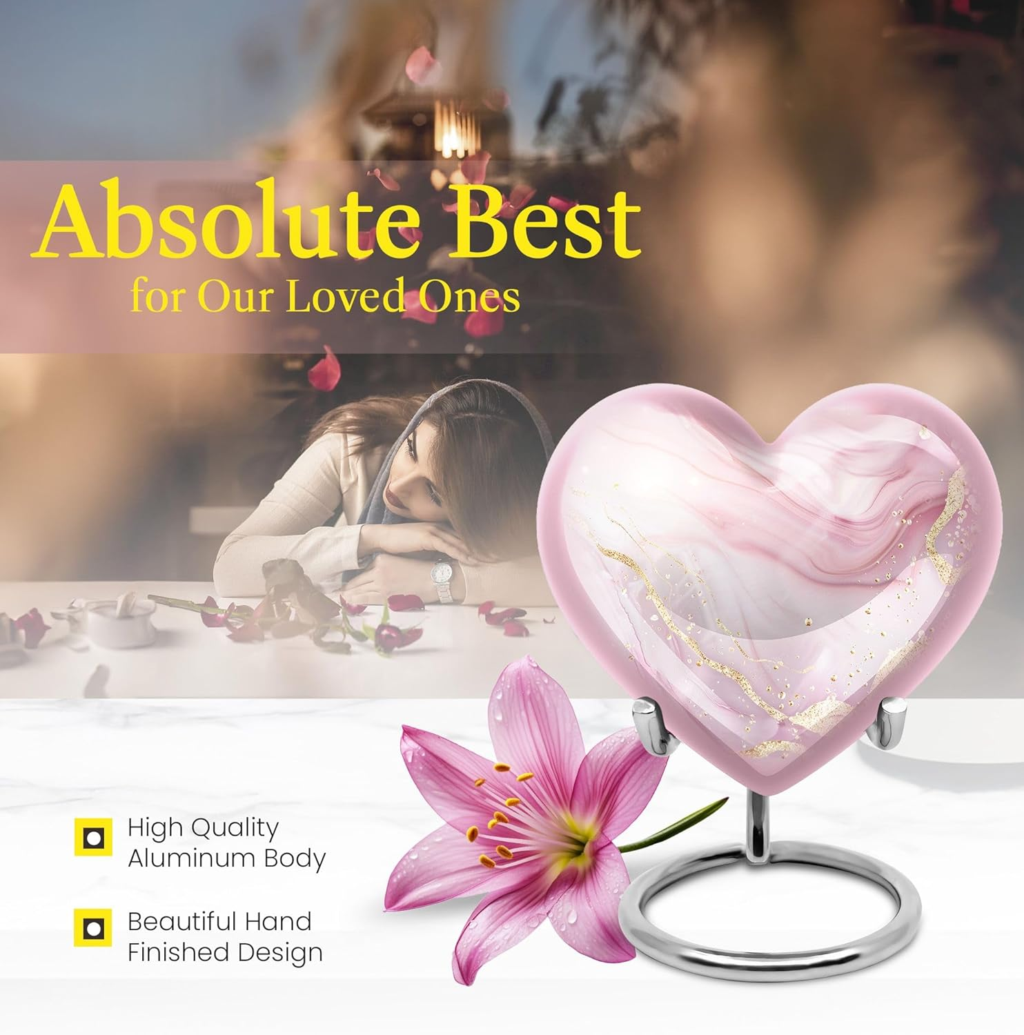 Blush Pink Marble Decorative Urn - Large Funeral Cremation Urn for Adult Ashes