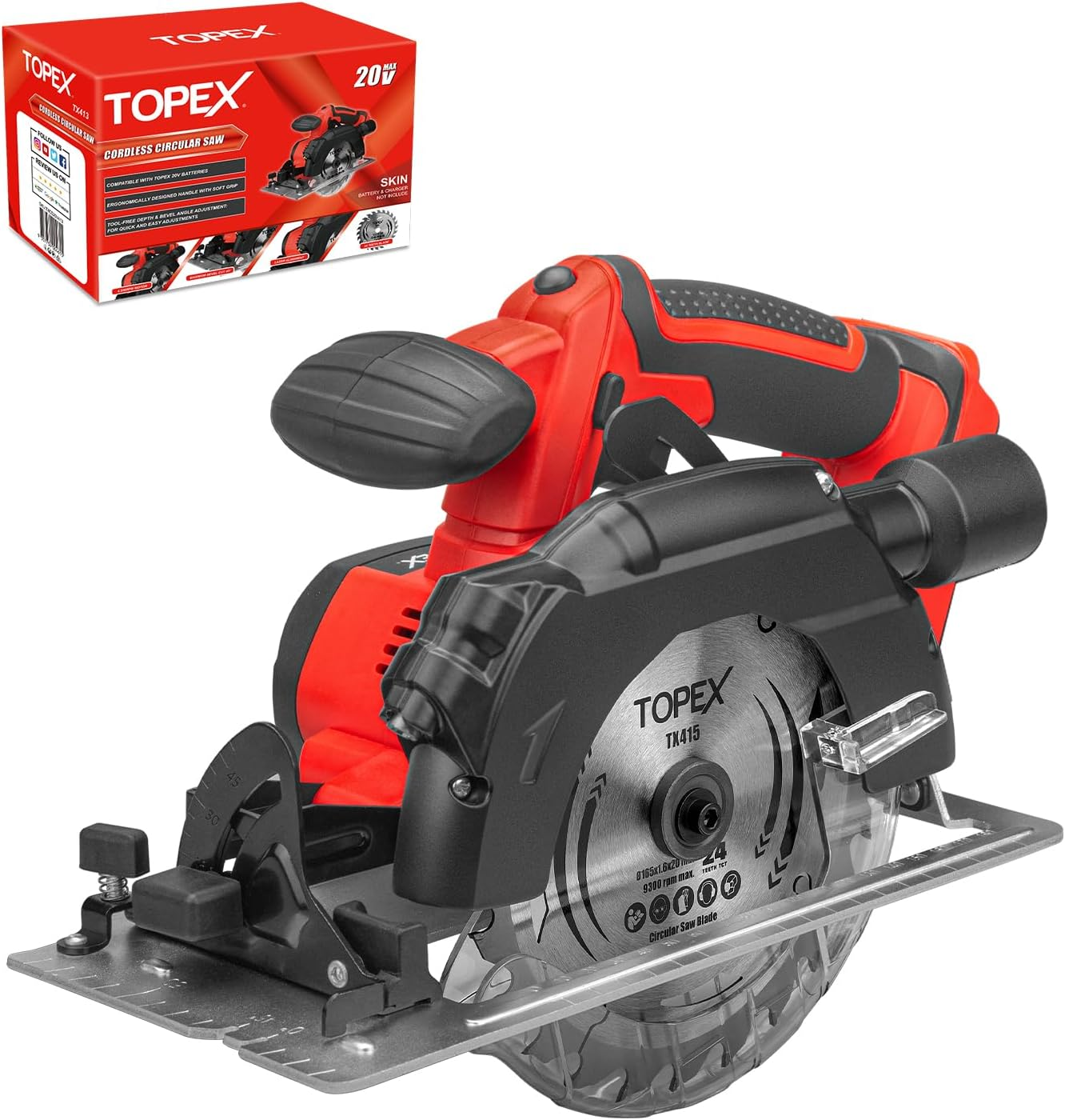 TOPEX 20V Circular Saw 165Mm Cutting Machine Professional Compact Lightweight for Home Office Industry (Skin Only-Battery and Charger NOT Included)