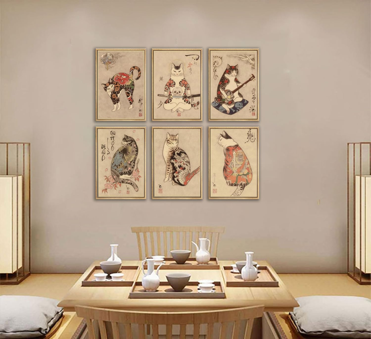 NBYARTQ 6Pcs Japanese Samurai Cat Wall Art Prints of Posters Japan Bushido Decor Kung Fu Paintings Tattoo Funny Fantasy Photo Picture Canvas Poster Painting for Living Room Print Bedroom Home Artwork image number 1