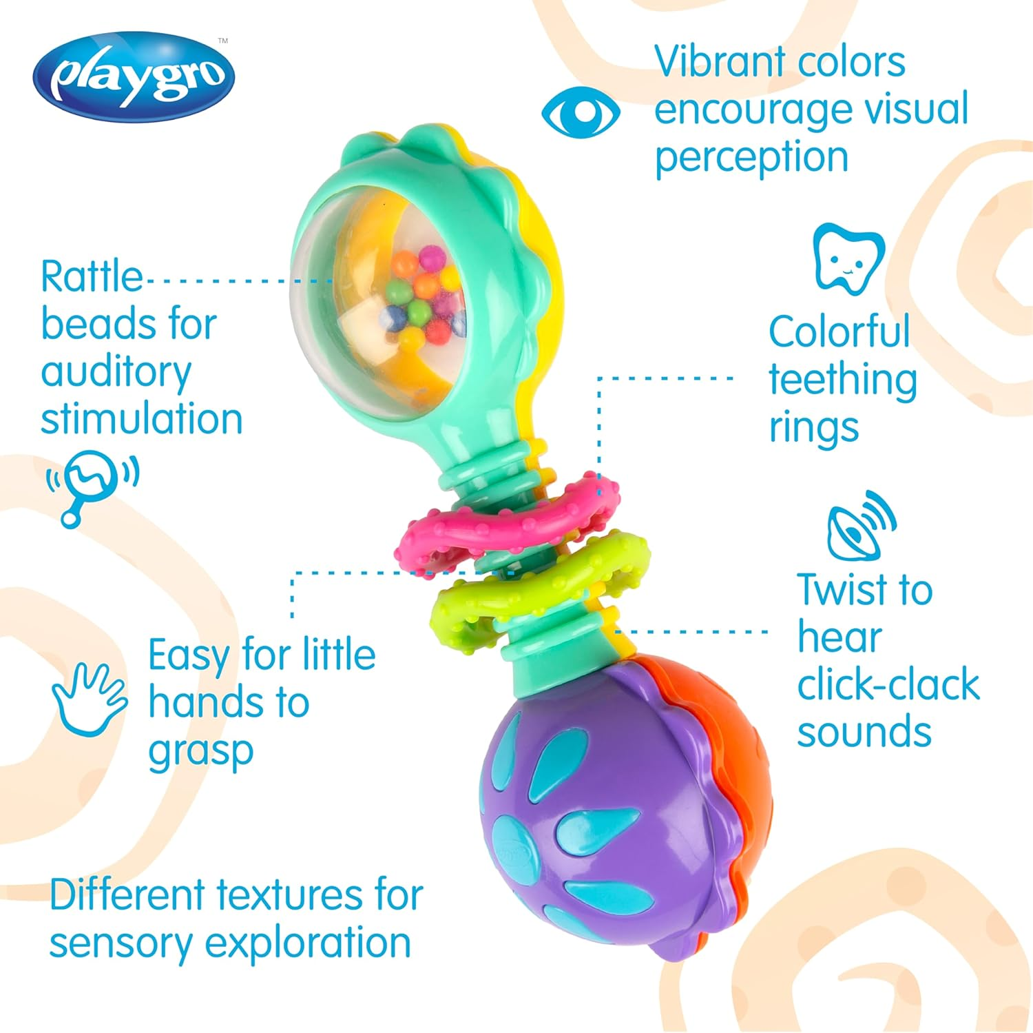 Playgro Twisting Barbell Rattle Refresh - Interactive Baby Teething Toy for Soothing Gums, Colorful Beads, and Engaging Sounds, Multicolor image number 5