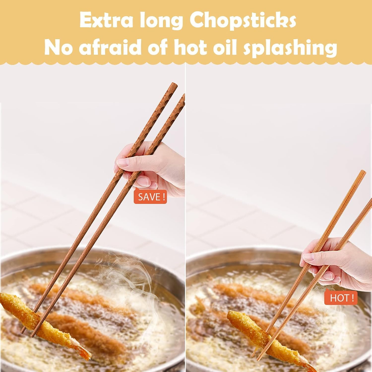 42Cm Extra Long Anti-Slip Wooden Cooking Chopsticks Set - 2 Pairs Reusable for Noodles, Frying, and Hot Pot - Durable Kitchen Utensils