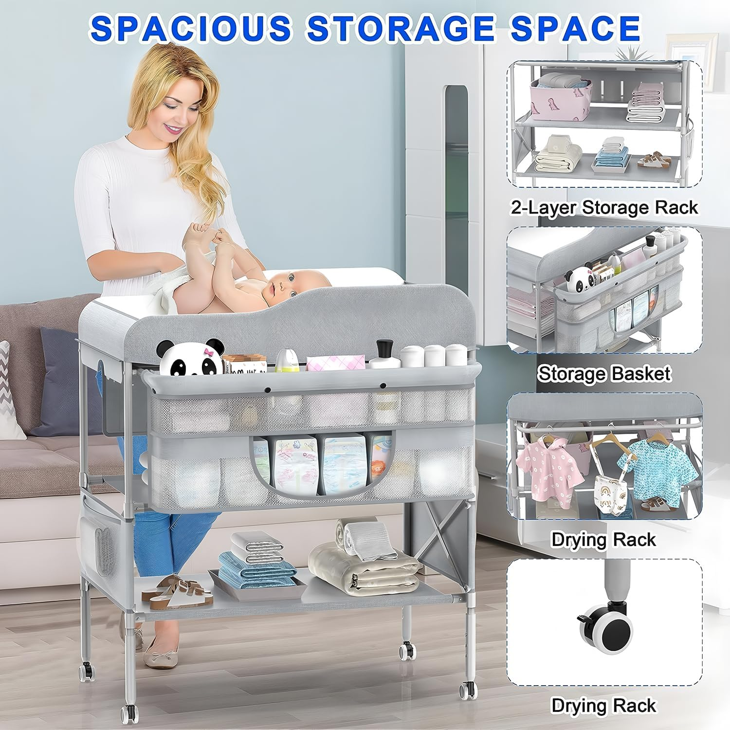 Portable Baby Changing Table,Foldable Changing Table Dresser Baby Changing Station with 2 Basket for Essentials, 3 Position Height Adjustable for Infant Newborn image number 4