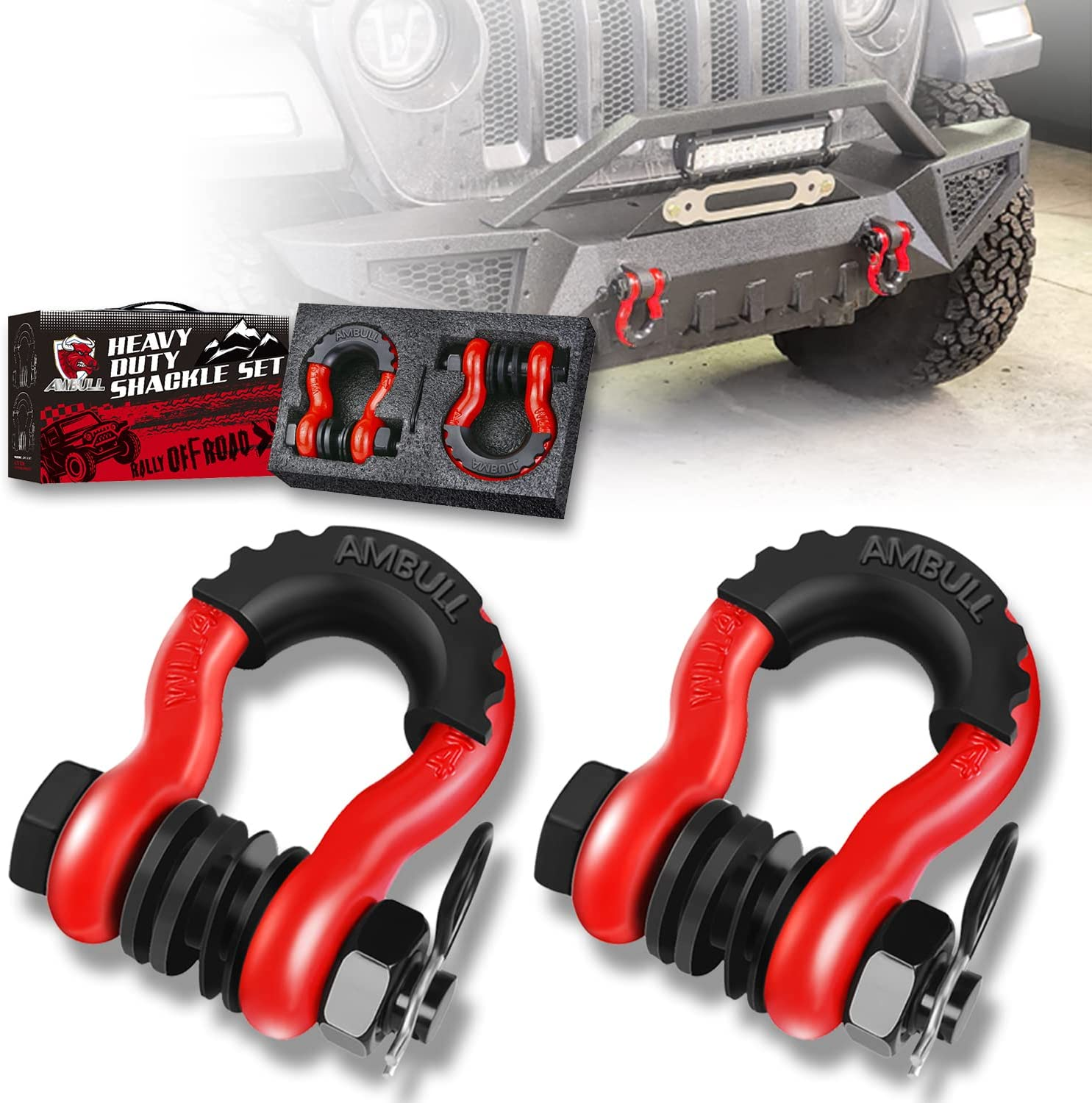 AMBULL Shackles 3/4 Inch D Ring Shackle (2 Pack) 41,850Lb Break Strength with 7/8 Inch Pin, Isolator and Washer Kits for Use with Tow Strap, Winch, Off-Road Jeep Truck Vehicle Recovery, Red - Darkgreen image number 3