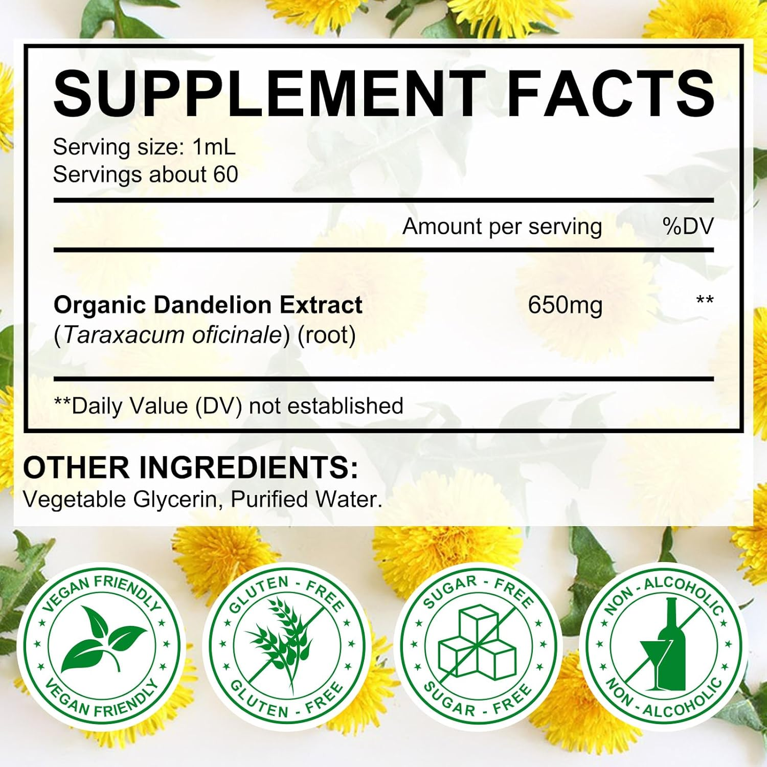 Wild Dandelion Root Liquid Drops 60Ml | Concentrated Herbal Extract 650Mg per Serving | Alcohol-Free, Sugar-Free & Vegan | Natural Glycerin Base | Plant-Based Formula image number 4