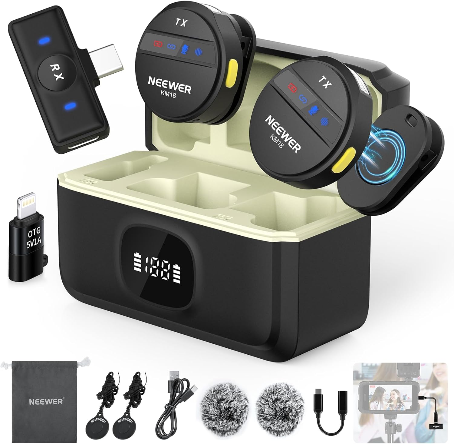 NEEWER Wireless Lavalier Microphone System Compatible with Iphone Android Phone PC Laptop Computer, Noise Cancelling Mini Lapel Mic Set with USB C OTG Charging Case 24H Battery 200M Long Range, KM18 image number 5