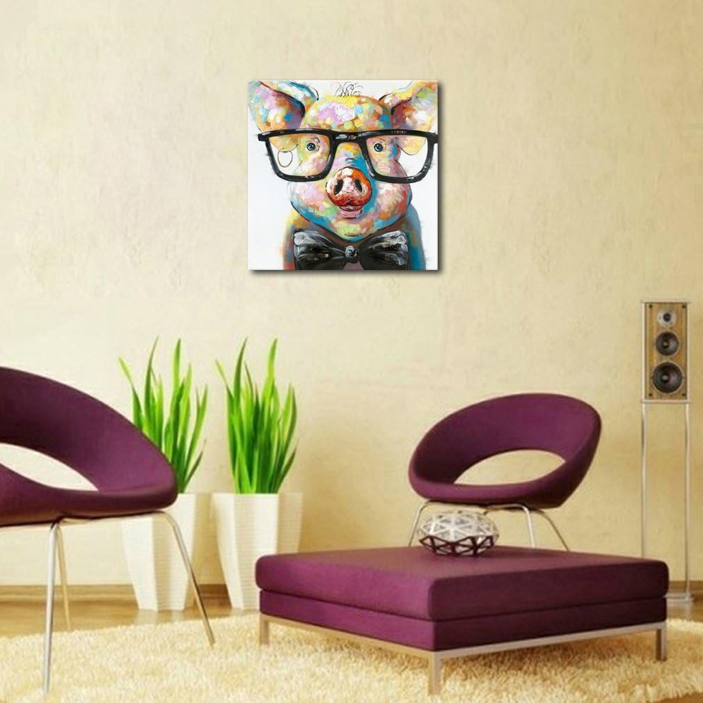 Muzagroo Art Cut Pig with Glasses Paintings for Living Room Hand Painted Oil Paintings with Raised Texture on Canvas Wall Art Stretched Ready to Hang (24X24Inches) image number 3