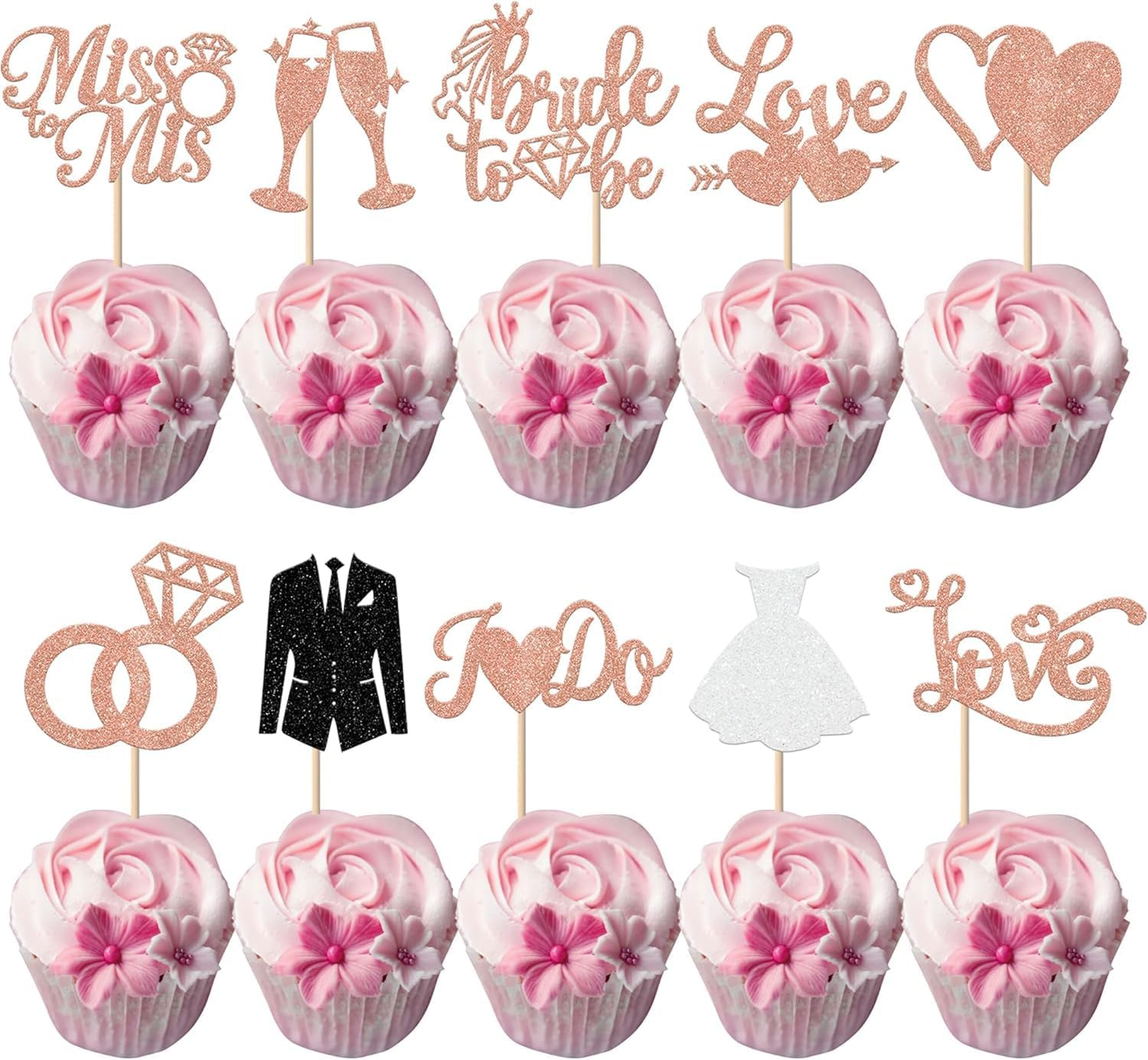 30 Pack Bride to Be Cupcake Toppers Gold Glitter I Do Love Heart Ring Miss to Mrs Cupcake Picks Bridal Shower Cake Decorations for Wedding Engagement Bachelorette Party Supplies (Multi)