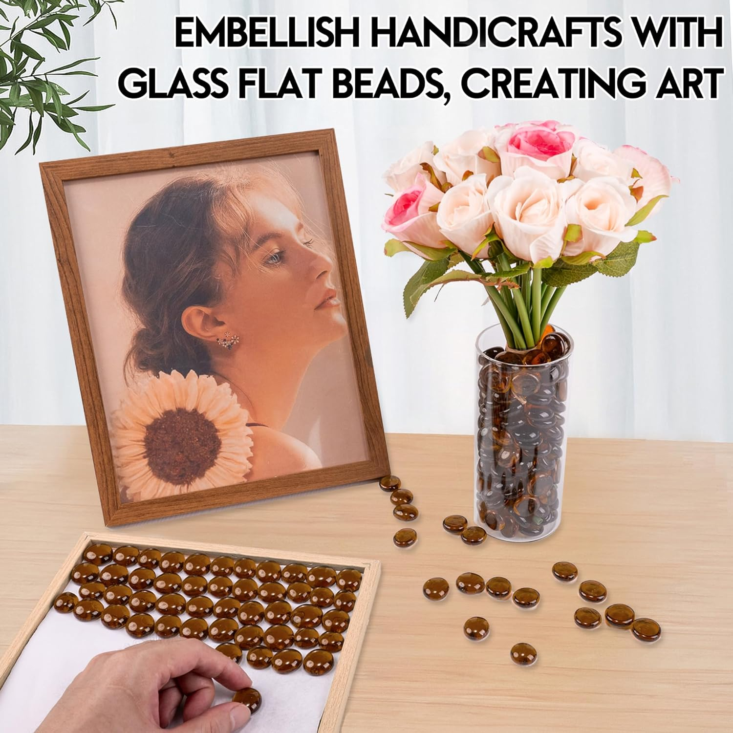 Glass Marbles, 0.97 LB Transparent and Smooth Flat Glass Beads for Vases, Mosaic Gem Pebbles for Aquarium Decor, Floral Arrangements, Mancala Stones, Vase Filler and Crafts,Brown - Blue image number 2