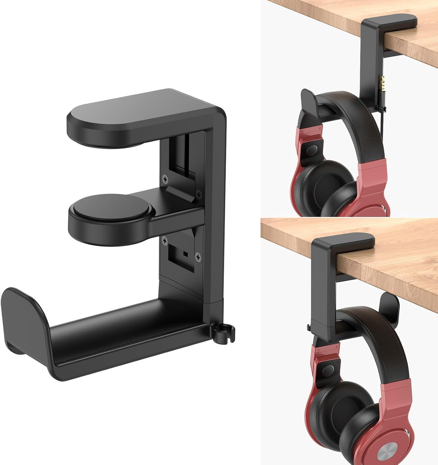 Headphone Stand Holder,Adjustable Clamp-On Headphone Holder with Cable Clip,360 Degree Swivel,Above & under Desk (Black) image number 1