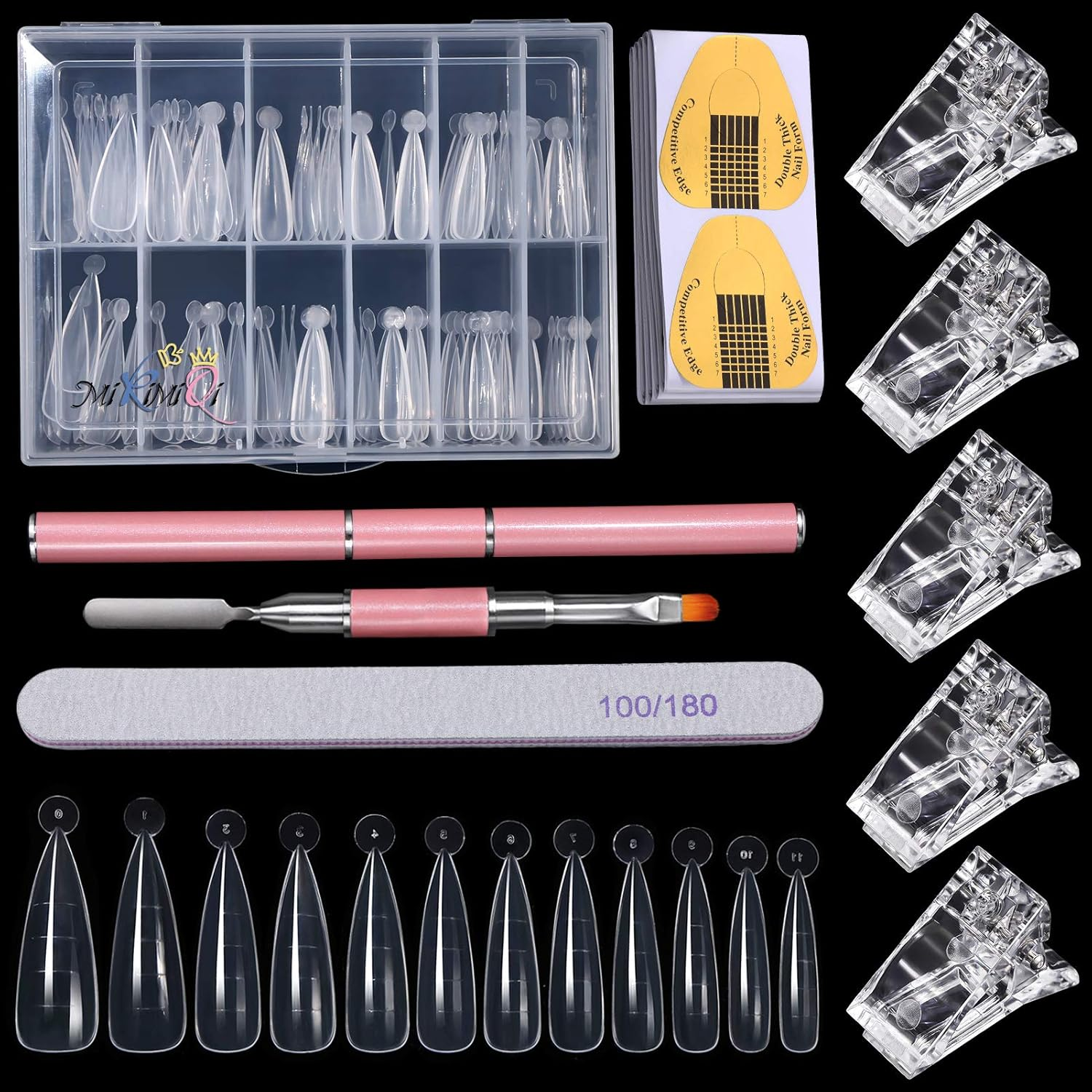 MIKIMIQI Dual Nail Forms Set 120Pcs Stiletto Gel Nail Molds 100PCS Nail Art Extension Guide Form Tool 5Pcs Poly Gel Quick Building Nail Tips Clip 1Pc Dual-Ended Brush Nail File image number 6