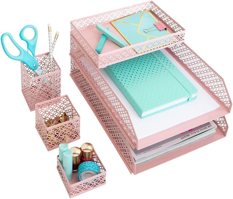 Blu Monaco 5 Piece Pink Office Supplies Desk Organizer Set - with Desktop Hanging File Organizer, Magazine Holder, Pen Cup, Sticky Note Holder, Letter Sorter - Pink Desk Accessories for Women Office