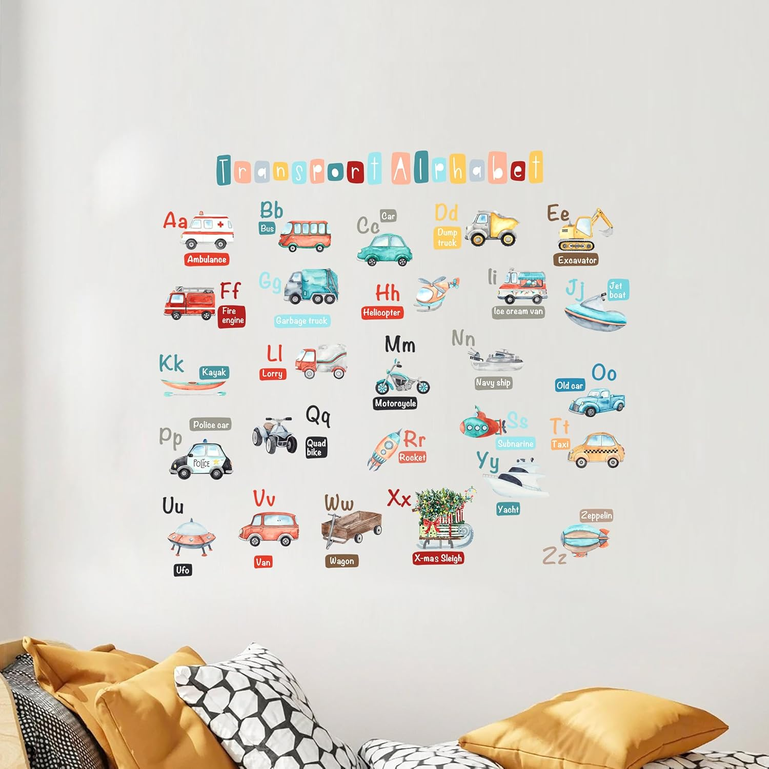 Transport Alphabet Wall Decals for Kids &ndash; a to Z Vehicles Theme Stickers &ndash; Removable Reusable Fabric Decals for Nursery, Playroom, Classroom &ndash; 6 Sheets, 121 Stickers image number 2