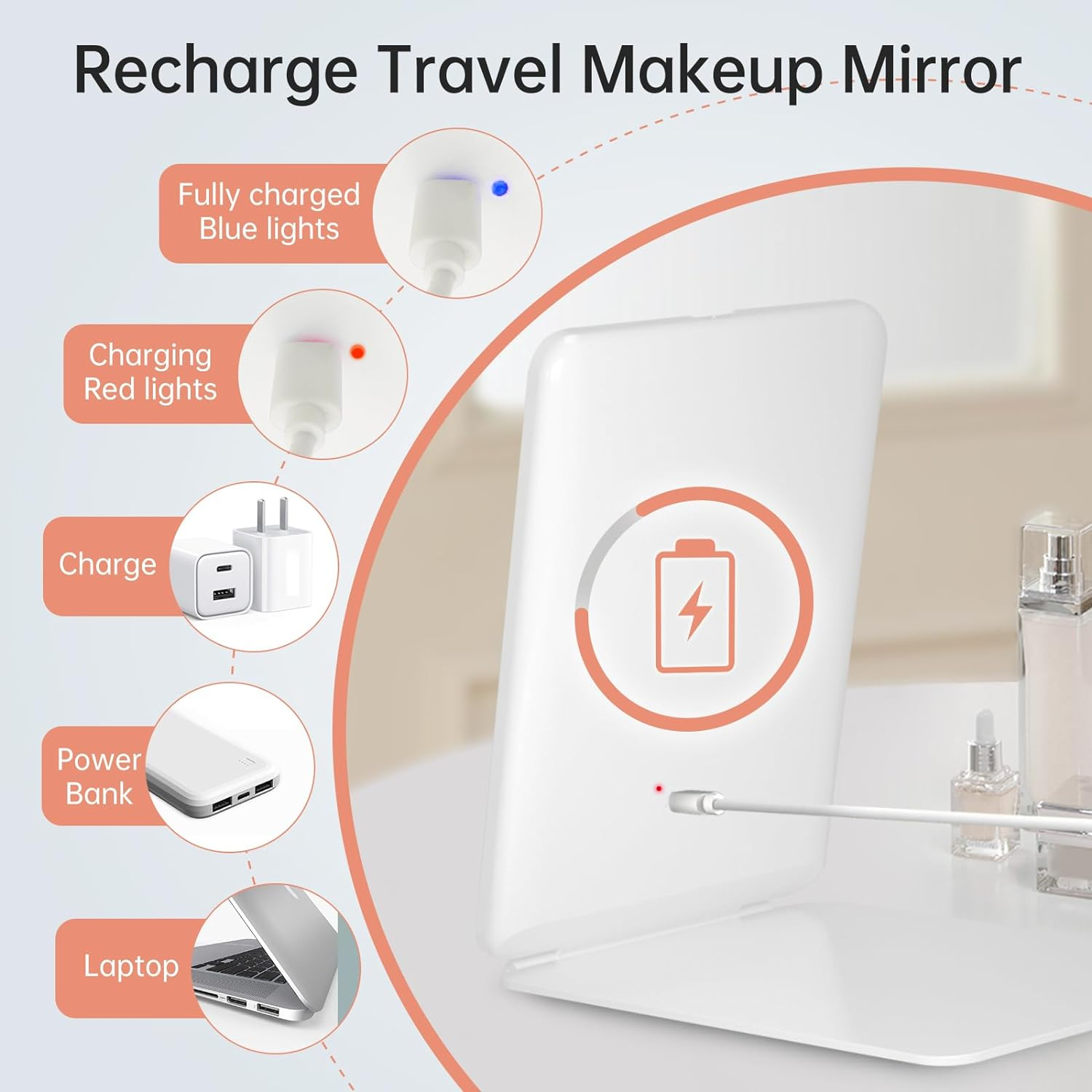 FUNTOUCH Cosmetic Mirror with Lighting, Rechargeable Portable Ultrasonic Travel Mirror with Light, 3 Colour Lights, Dimmable Touchscreen Makeup Mirror, Foldable Makeup Mirror (White) image number 3