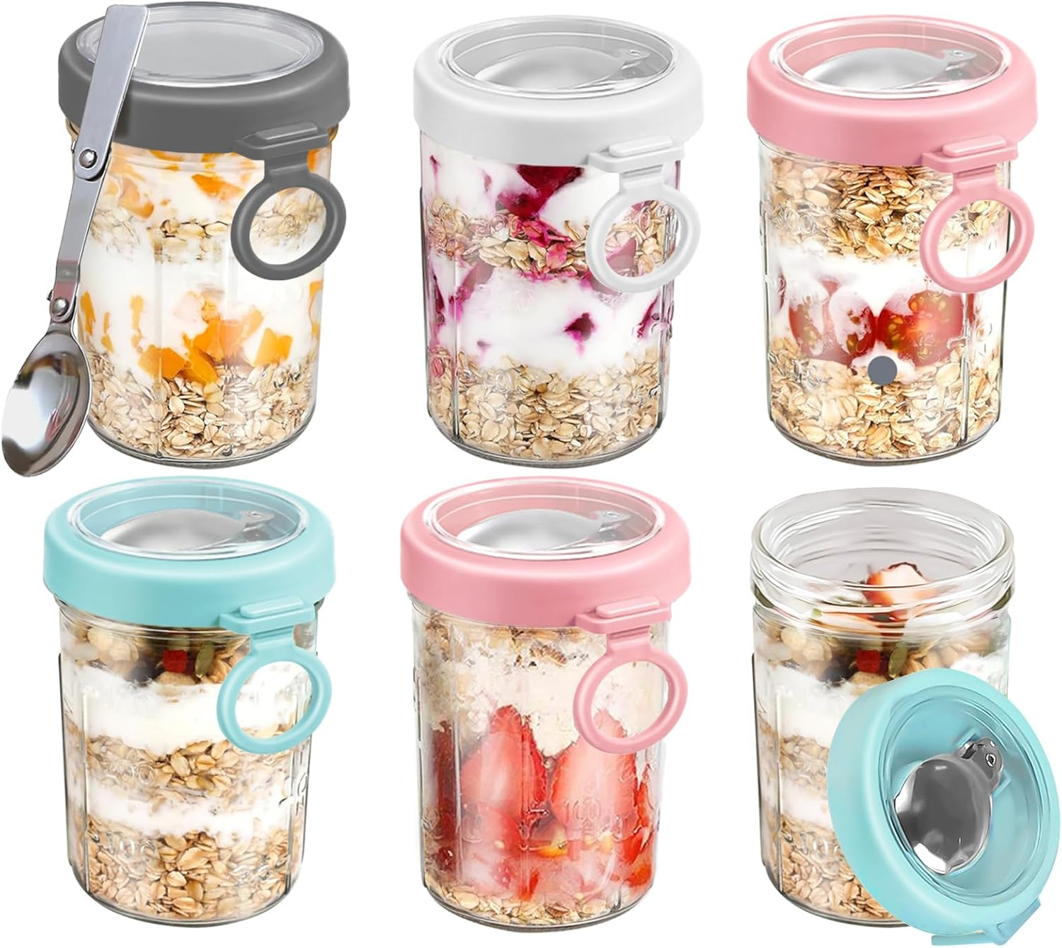 6 Pack Overnight Oats Jars, Overnight Oats Container with Lid and Spoon, 12Oz Mason Jars with Lid for Cereal with Measurement Marks, Glass Airtight Oatmeal on the Go
