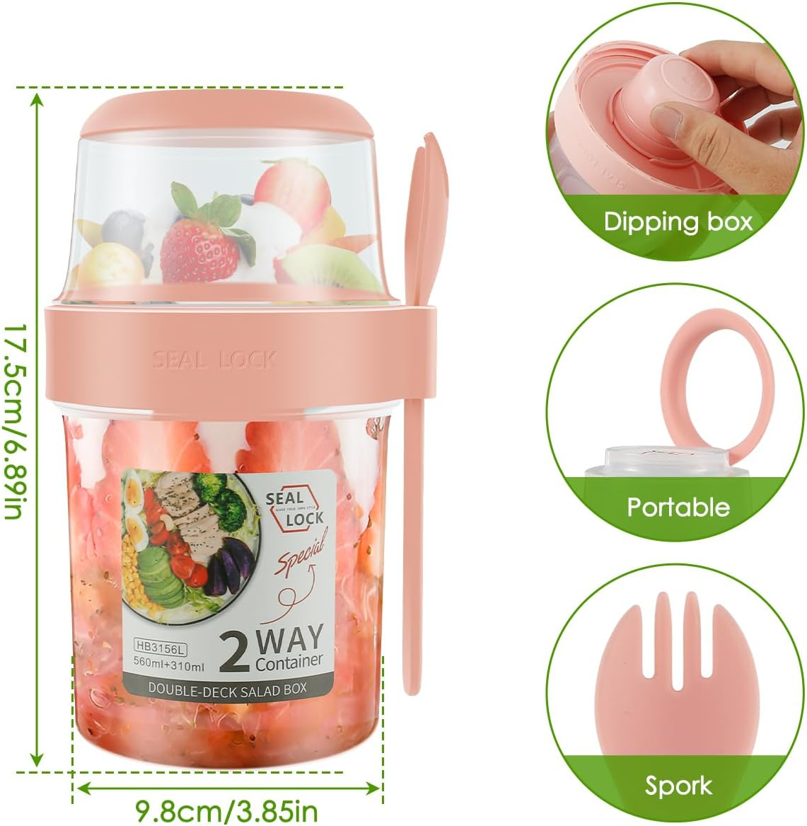 3PCS Reusable Overnight Oats Container with Lid and Spoon 310Ml+560Ml on the Go Cereal Yogurt Cups Leak-Proof Breakfast Salad Cups for Salads Fruit Granola Cereal Milk Porridge