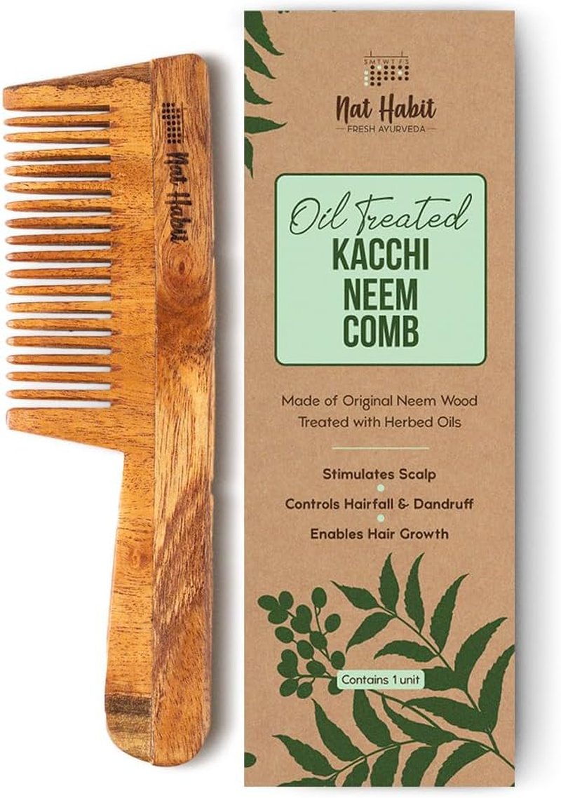 Nat Habit Kacchi Neem Wooden Comb - Soaked in 17 Herbs, Neem & Sesame Oil for Multi-Actions - Detangling, Frizz Control & Shine, Suited for All Hair Types (Fine Tooth) image number 1