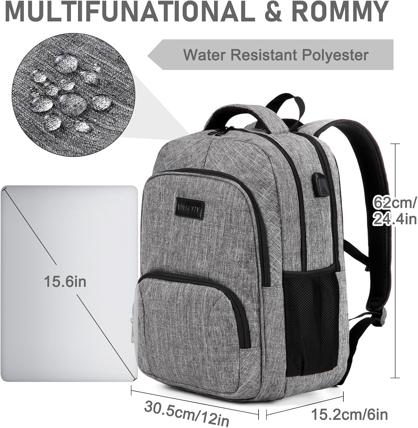 Laptop Backpack, VASCHY Water Resistant Business Travel Backpack for Men Women with USB Port College School Computer Bag Fits 15.6 Inch Laptop Light Gray image number 3