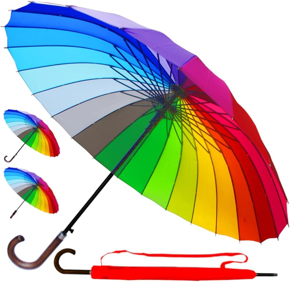 60MPH Windproof 24 Rib Large Strong Rainbow Umbrella - XL Automatic Heavy Duty Golf Umbrella for Rain and Wind - 3 Layer Frame - Choice of 2 Handles - Best for Most Ribs