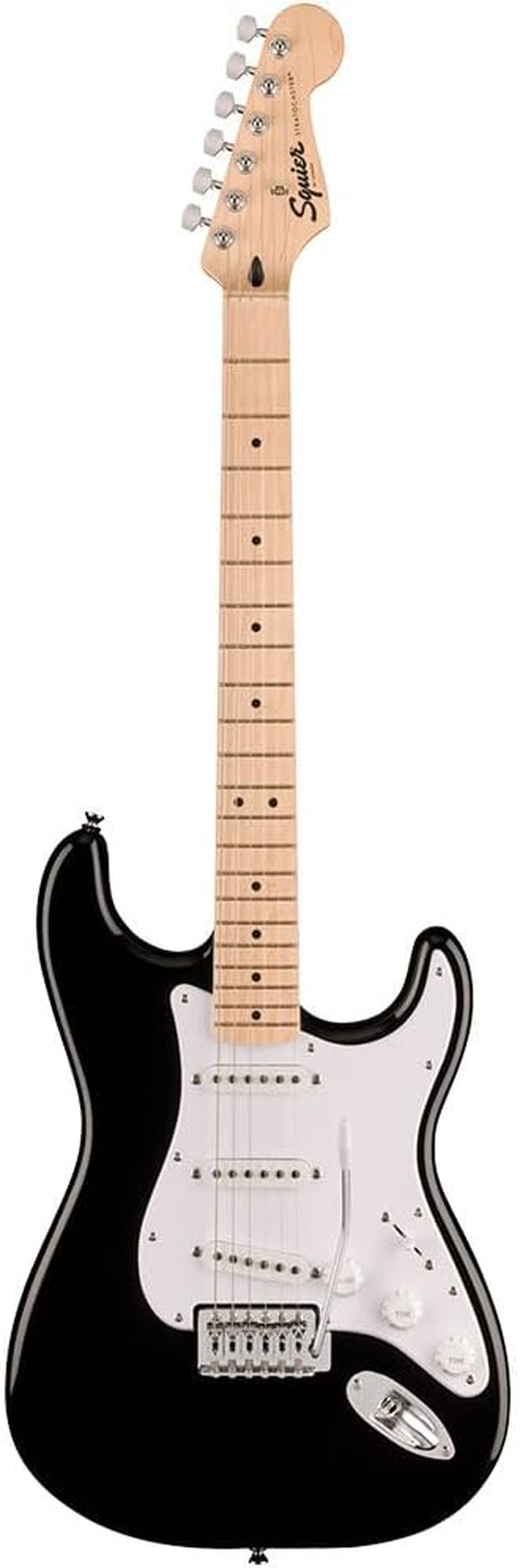 Fender Squier by Fender Sonic Stratocaster Electric Guitar, Maple Fingerboard, White Pickguard, Black, Comes with Free Virtual Lessons