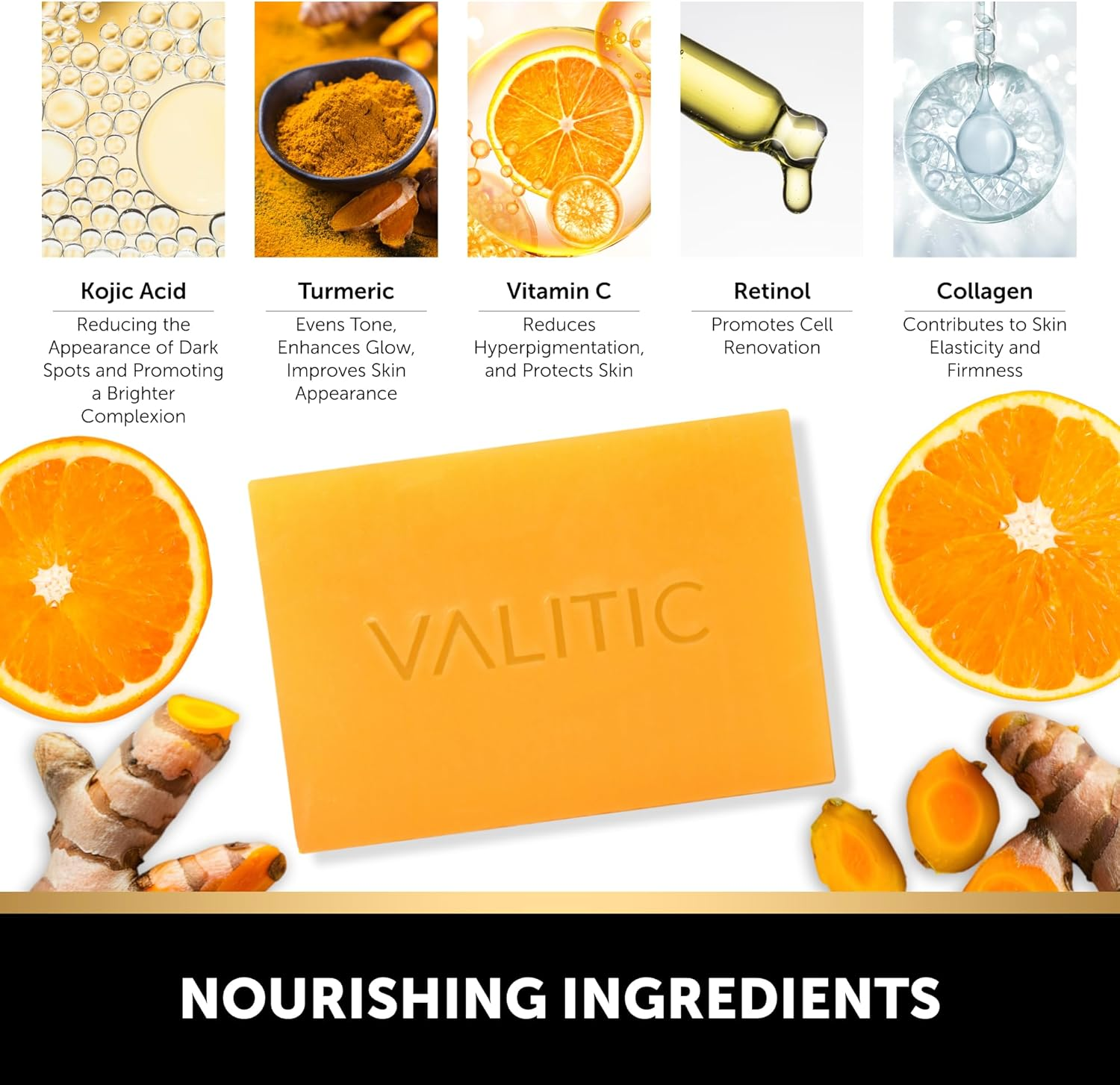 VALITIC Kojic Acid Vitamin C and Retinol Soap Bars with Turmeric for Dark Spot - Original Japanese Complex with Collagen, Hyaluronic Acid, Vitamin E (2-Pack) - with Soap Holder image number 4