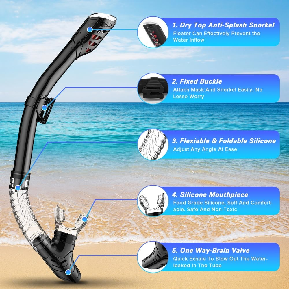 Yakiter Mask Fin Snorkel Set with Adult Snorkeling Gear, Panoramic View Diving Mask, Trek Fin, Dry Top Snorkel +Travel Bags