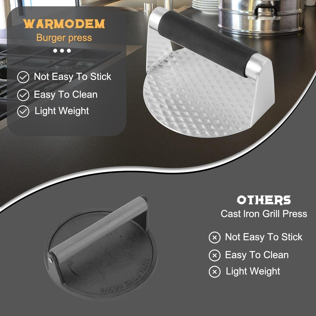 Burger Press 5.5" Round, Stainless Steel Burger Press Meat Steak, Professional Burger Smasher, Grill Press for Flat Top Griddle Grill Cooking, Juicy and Crispy Burgers for Bbqs (304 Stainless Steel) image number 6