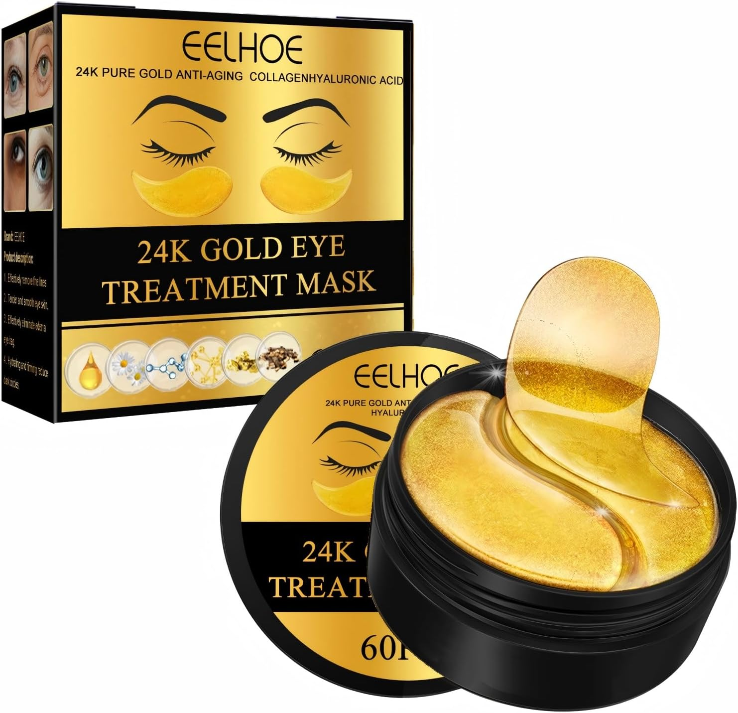 60Pieces/30 Pairs under Eye Patches, Collagen 24K GOLD under Eye Masks, for Puffy Eyes, Dark Circles,Bags and Wrinkles, for Elasticity, Revitalises and Refreshes Your Skin (Gold) image number 2