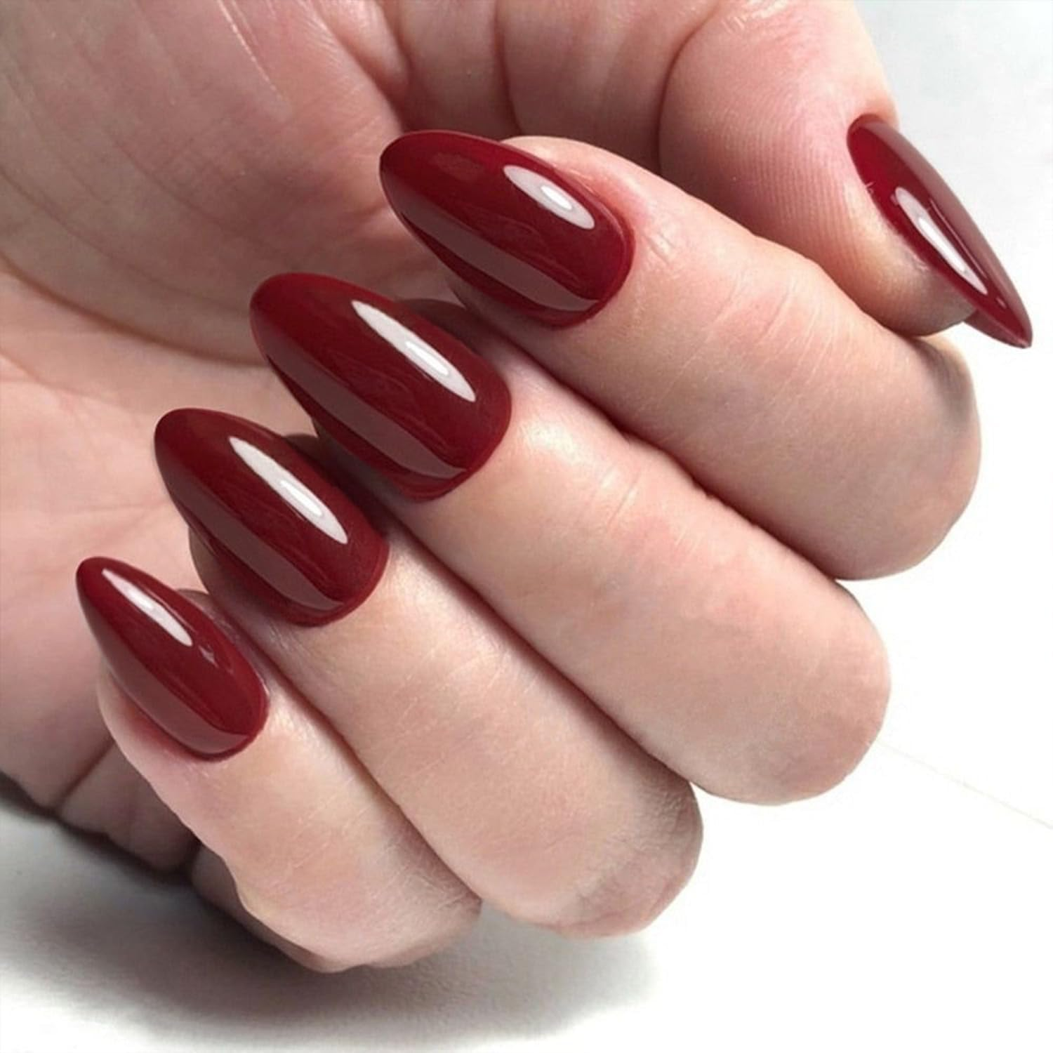 GLAMERMAID Dark Red Press on Nails Short Almond, Blood Scarlett Red Handmade Soft Jelly Gel Fake Nails Burgundy, Deep Red round Oval Stick Glue on Nails Kit for Women, Reusable Acrylic False Nail Set image number 2