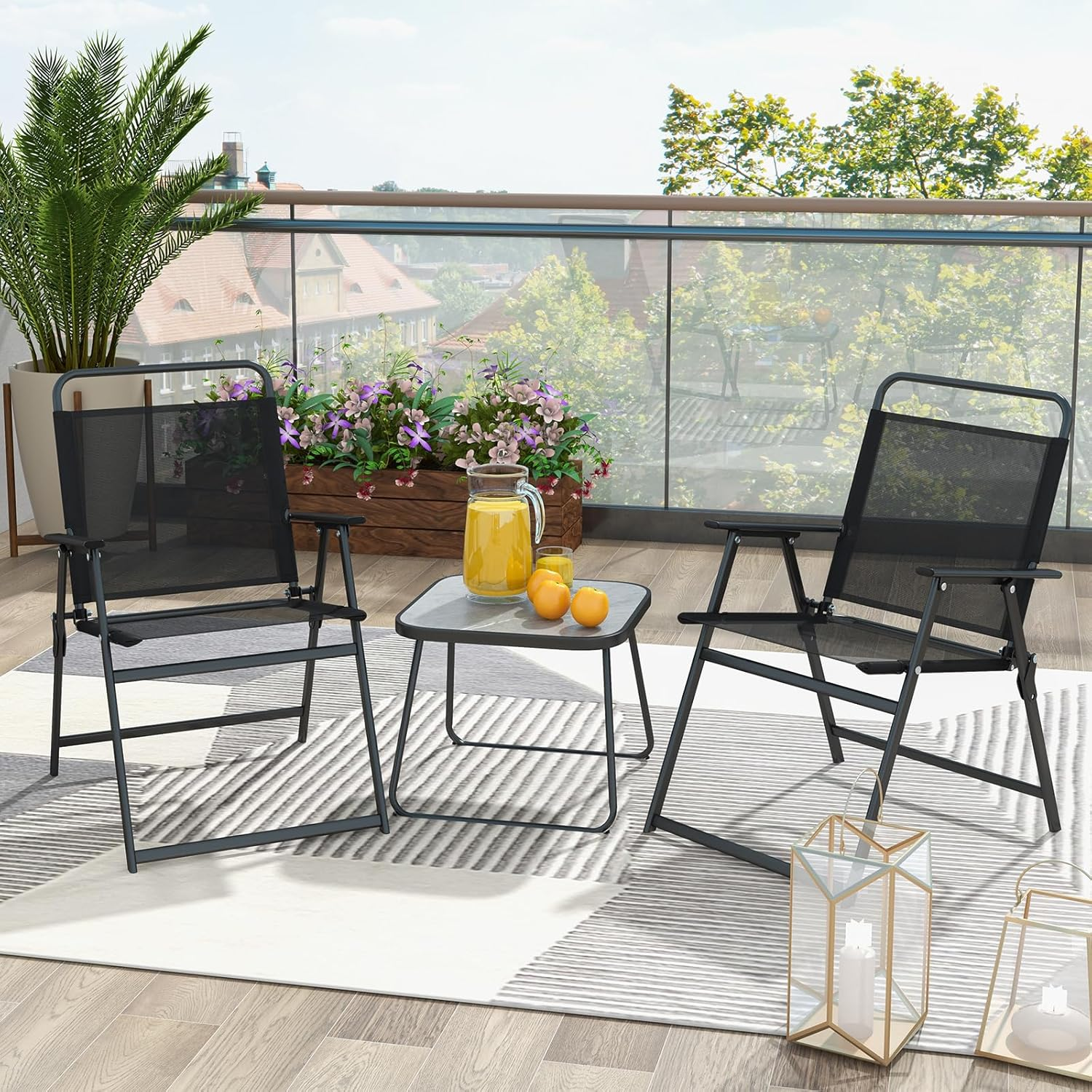 Costway 3 Piece Patio Folding Conversation Set, 2 Folding Chairs W/Coffee Table, Breathable Fabric & Heavy-Duty Metal Frame, Outdoor Portable Folding Chair Set for Backyard, Poolside, Balcony image number 5