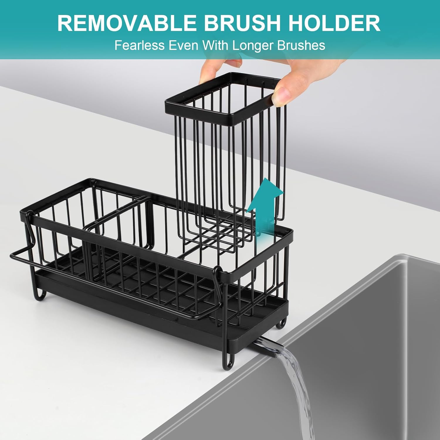 Sponge Holder for Kitchen Sink, Sink Caddy with High Brush Holder, Stainless Steel Dish Organizer Divider, Soap Dispenser Storage, Black